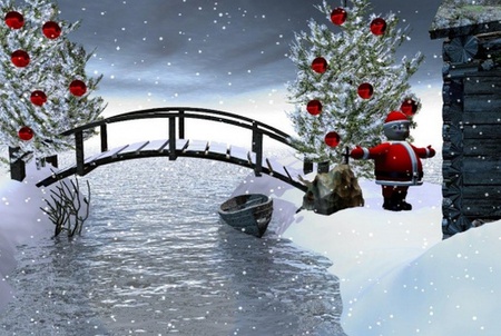 Snow - pretty, magic, boat, snow, snow flakes, holiday, red, merry christmas, xmas, trees, winter, globes, ball, happy new year, beautiful, balls, beauty, lovely, christmas, boats, river, fantasy, santa, nature, new year, bridge