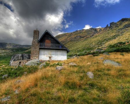 MOUNTAIN HOUSE - mountain, dark, couds, field, house