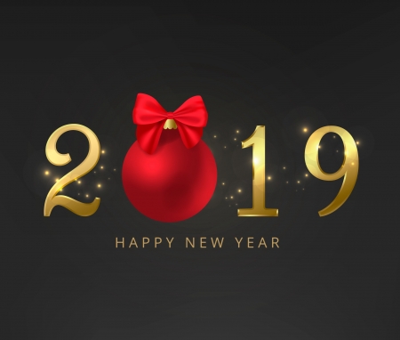 Happy New Year! - new year, craciun, ball, black, christmas, bow, red, 2019, card, golden