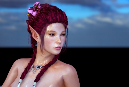 Elf girl - flower, fantasy, pink, elf, girl, redhead