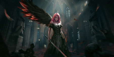 One winged angel - fantasy, redhead, wing, girl, sword, angel, feather, luminos