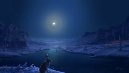 Moonlight - moon, rabbit, winter, water, blue, bunny, fantasy, fel x, iarna, luminos, luna