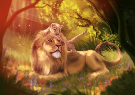 Dad and son - cub, lion, animal, martith, cute, fantasy