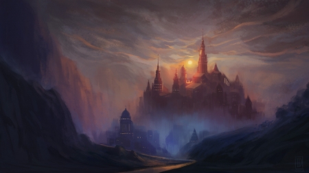 Castle - cloud, fantasy, moon, izzu shi, castle, luminos, mist, luna