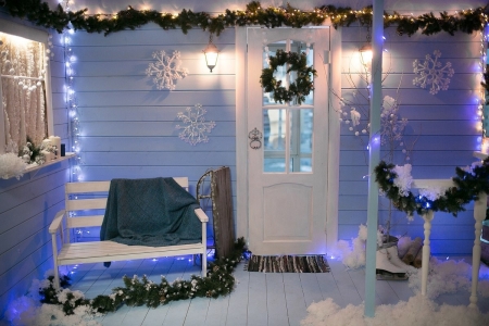 winter holidays - christmas, winter, purple, lights, holidays, houses