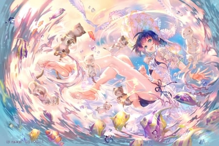 :-) - anime, water, summer, girl, sea, cat, foo midori, manga, pisici, pesti, fish