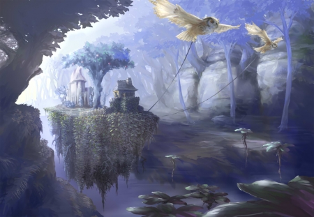 :-) - bird, anime, cb, blue, island, bufnita, tree, owl, manga, fantasy, psdari