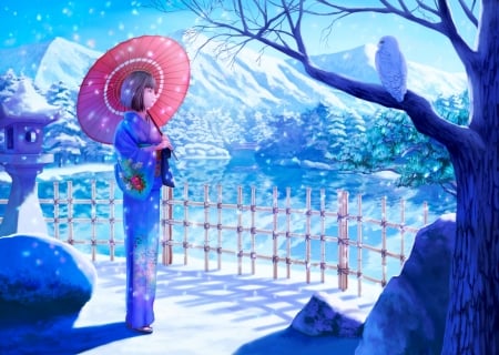 :-) - realistic, iarna, bufnita, umbrella, luminos, anime, kimono, owl, manga, parasol, girl, winter, erhu, asian, bird, pasari, geisha, blue, pink