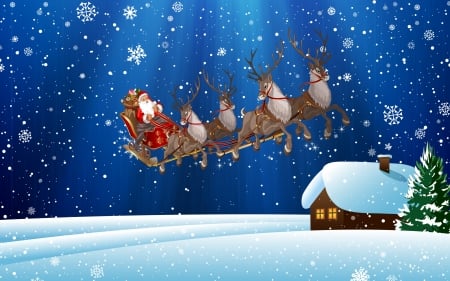 Santa - house, christmas, santa, craciun, blue, card, reindeer