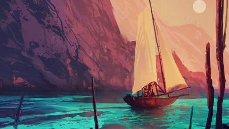 :-) - vara, water, summer, fantasy, amir zand, art, ship, blue, orange, sea, boat