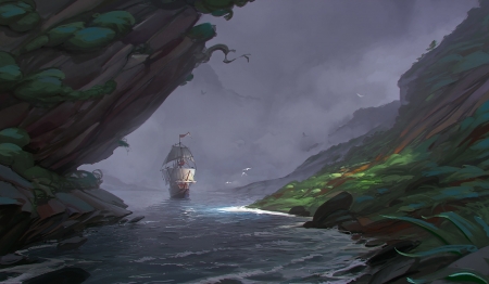 :-) - fantasy, water, sergey katsukov, ship, luminos, sea, art