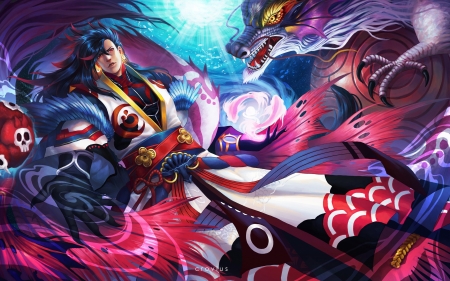 Onmyouji - blue, pink, man, onmyouji, fantasy, dragon, red, crovius, luminos