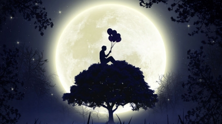 :-) - moon, balloon, silhouette, man, tree, black, fantasy, martin knight, luna