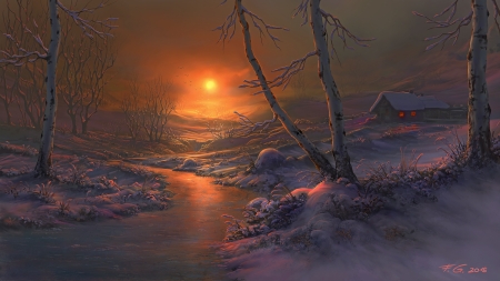 Birch trees - iarna, winter, sunset, fantasy, river, luminos, fel x, orange, tree, frozen