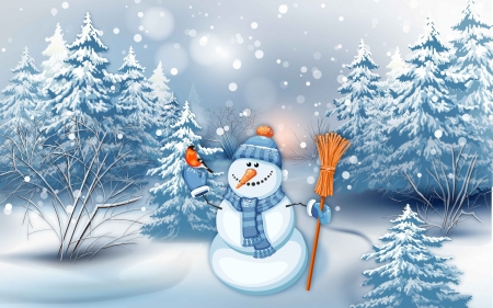 Happy Snowman - winter, trees, artwork, snow