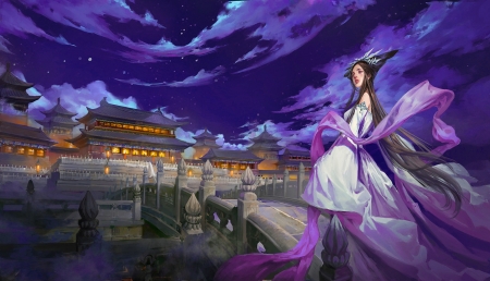 Oriental City - girl, china, city, fantasy, japan, digital, woman, art, wallpaper