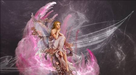 Angel on Pink Cloud - woman, art, girl, angel, pink, digital, fantasy