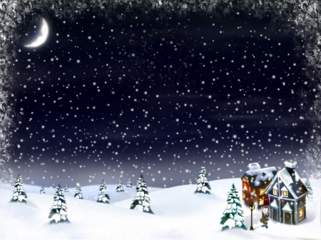 * - moon, house, trees, night, snow, new year