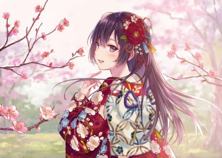 :-) - fukahire sanba, anime, sakura, girl, spring, kimono, flower, pink, manga, red