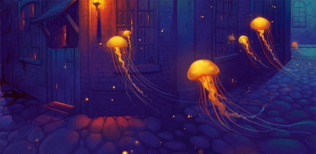 :-) - vara, jellyfish, night, summer, fantasy, blue, qinni, orange, anime, manga