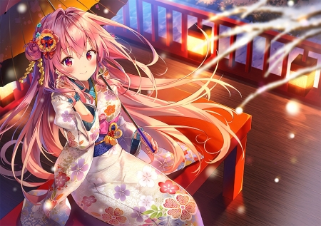 :-) - girl, lantern, anime, orange, riichu, kimono, manga