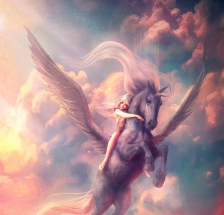 Freedom - girl, pegasus, pink, lana palukhina, horse, frumusete, fantasy, wings, cloud, sky, luminos