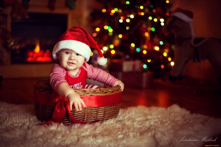 Little Santa - christmas tree, girl, smile, decoration, christmas hat