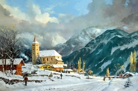 Winter chapel - village, houses, mountain, snow, chapel, peaceful, winter