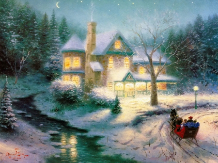 Moonlit sleigh ride - cottage, ride, creek, village, art, snow, frost, sleigh, house, moonlight