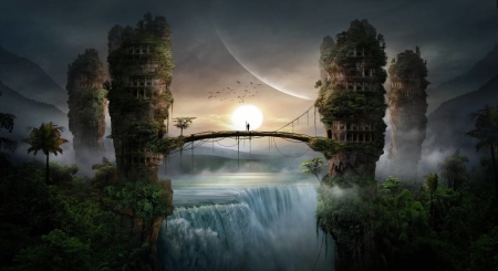 The guard of the lost colony - moon, silhouette, guardian, waterfall, fantasy, luminos, luna, bridge, softyrider62