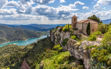 Church in Spain - spain, church, landscape, river, clouds, rock