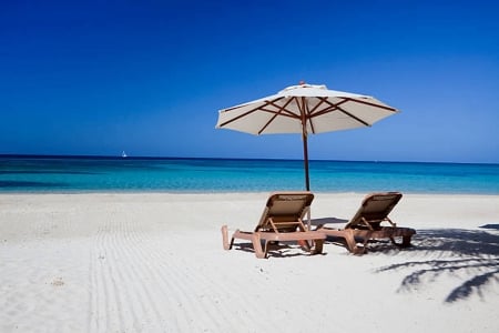 Chairs on Beach - vacation, beach, sunlight, umbrella, chairs, sand