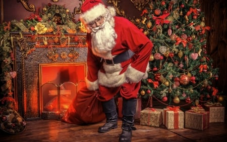 Santa claus - tree, pose, bag, gifts, christmas