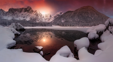 Winter Evening - sky, lake, reflection, snow, mountains