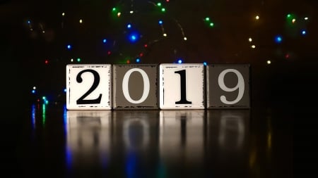 2019 - happy new year, glow, bokeh, blocks, 2019, reflecltion, sparkles, lights