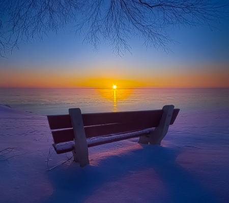 Lonely bench - winter, nature, colors, snow