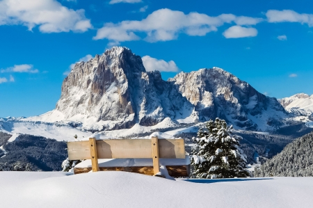 Mountain atmosphere - winter, nature, snow, bench, colors, mountains