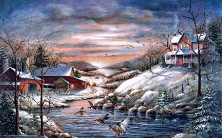 :-) - geese, landscape, art, painting