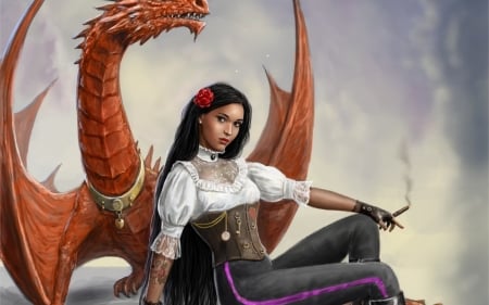 my friend - girl, fantasy, art, dragon