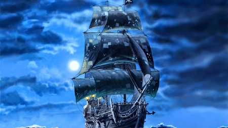 Patchwork Sailing - moon, sky, ship, art, sails, clouds, patches