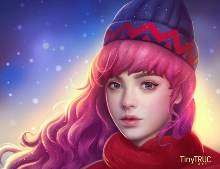 :-) - craciun, hat, girl, iarna, hair, winter, frumusete, fantasy, christmas, face, tinytruc, pink, luminos, blue