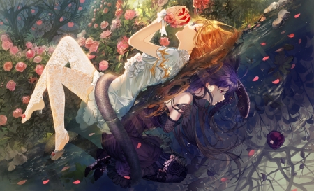 Temptation - redhead, black, rose, omutatsu, anime, orange, apple, manga, vara, couple, girl, summer, fruit, pink, red, snake, flower