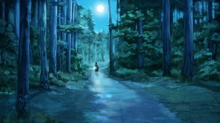 Moonlight - moon, fantasy, path, art, forest, luminos, blue, tree, luna