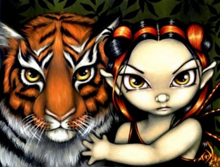 Fairy Taming A Tiger - Animals, Black, Tiger, Fairy, Orange, Taming, White