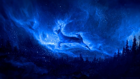 Celestial deer - cerb, sky, deer, fantasy, denis grinin, star, forest, luminos, blue