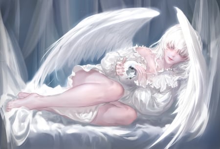 Angel - anime, blue, girl, qidai, feather, angel, manga, fantasy, white, wings, luminos