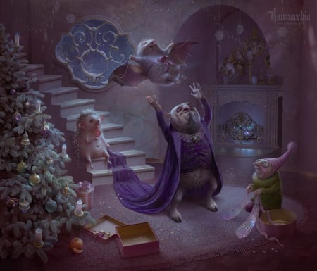 Christmas - craciun, hedgehog, cornacchiaart, fantasy, christmas, luminos, creature, olga cornacchia, cornacchia art