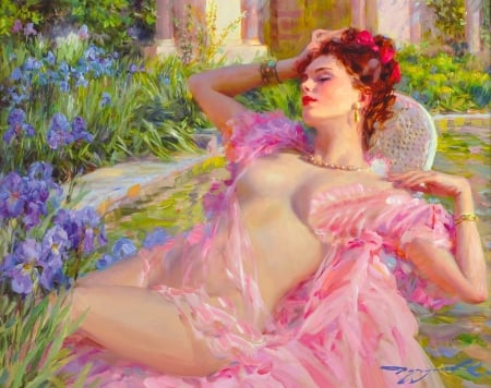 Lazy Afternoon - pretty, razumov, konstantin, girl, flowers, fantasy, painting, woman, garden, art