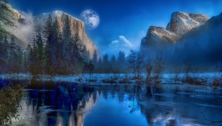 Winter landscape - moon, ice, lake, winter, mountains