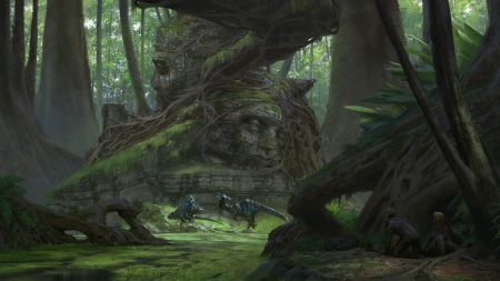 Unexpected meeting - stone, dinosaur, fantasy, klaus pillon, green, jungle, face, art, luminos